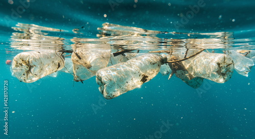 Plastic bottles drift beneath the surface, highlighting the unseen pollution in our oceans. A call for environmental action.