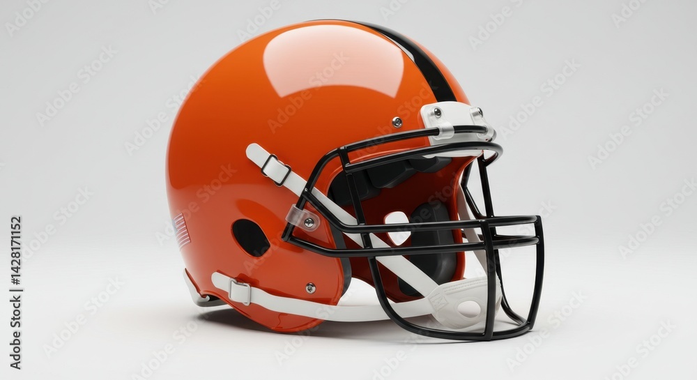 Fototapeta premium Glossy orange American football helmet with a single dark brown stripe, featuring a black face mask and white chin strap, isolated on a clean white background with subtle shadows.