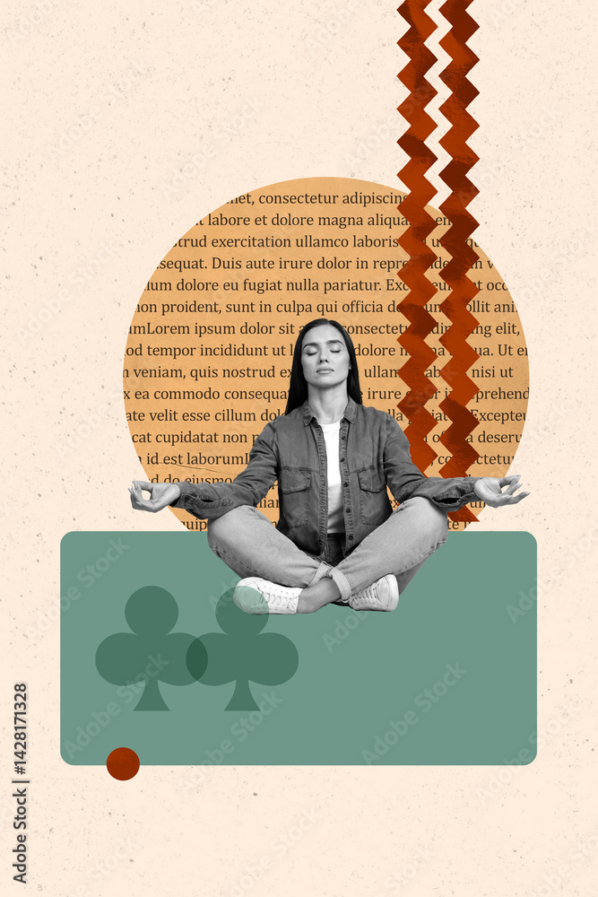 Image 3d zine vertical collage of serious girl do yoga meditation concentration spiritual buddhism hobby practicing retreat