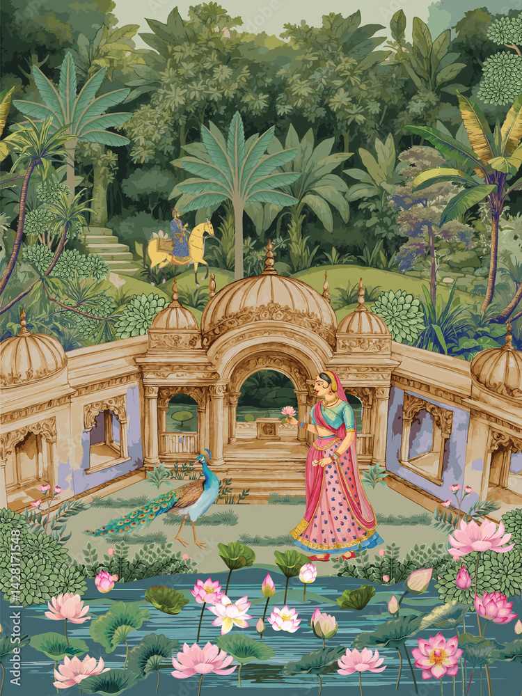 custom made wallpaper toronto digitalMughal garden at night with temple palace, royal woman, horse riding king, peacock, lotus lake illustration