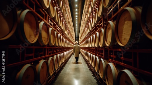 Wine barrels fill a long, dark wine cellar.