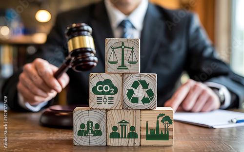 Environmental Law And Regulation Concept With Gavel And Wooden Blocks Showing Scales Of Justice Recycling And Co2 Emissions And Industrial Pollution