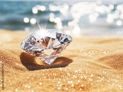 Sparkling diamond resting on golden sand by the ocean