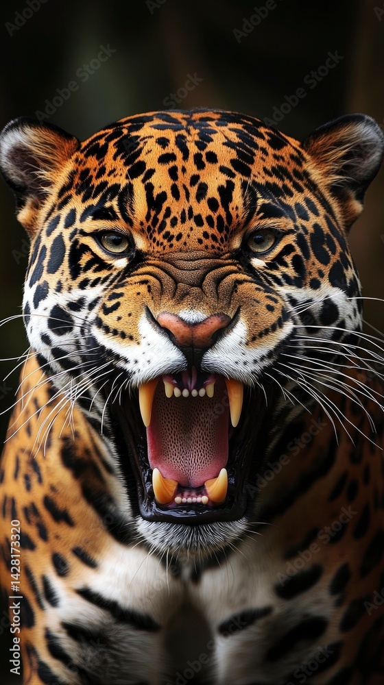Obraz premium A dramatic macro shot of a jaguar, its mouth wide open in a fierce snarl, revealing its razor-sharp teeth