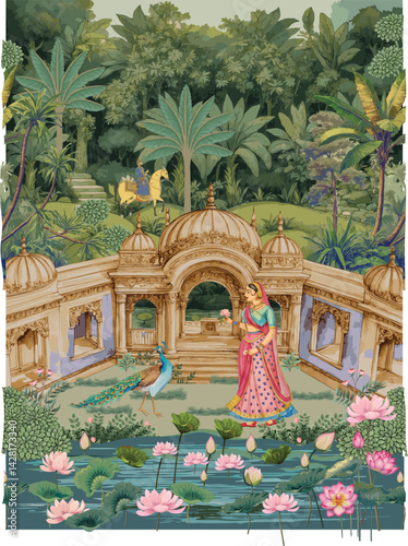 Mughal garden at night with temple palace, royal woman, horse riding king, peacock, lotus lake illustration