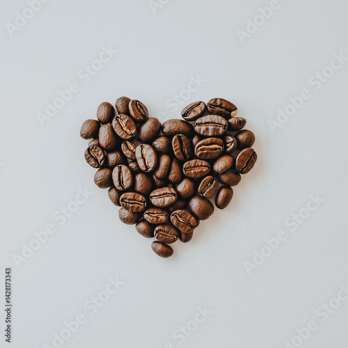 Heart-shaped coffee beans in minimalistic style on white background with warm aesthetic [with copy space]

 photo