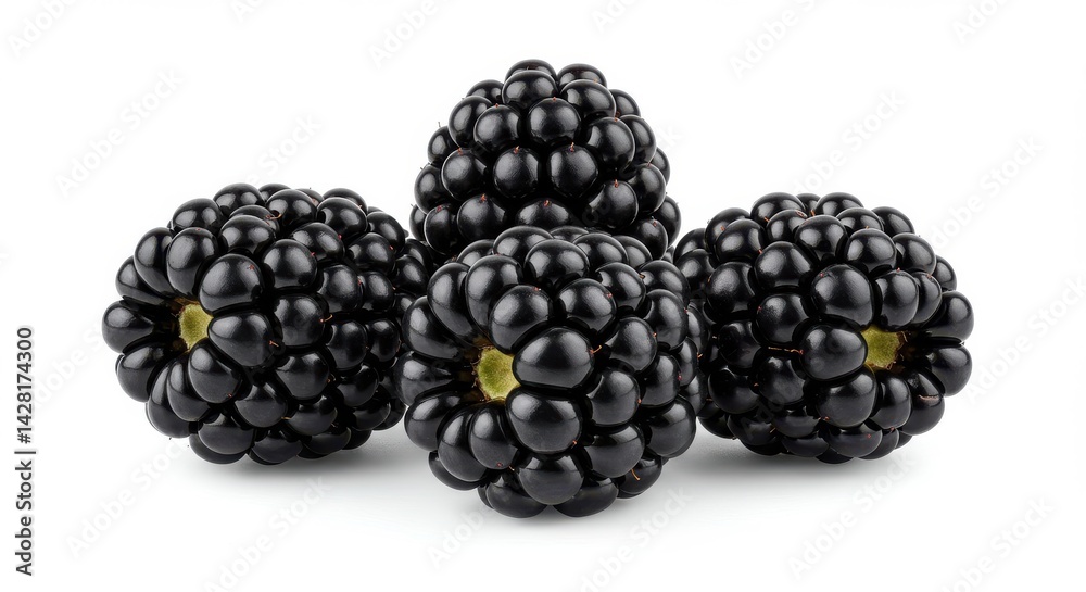 A close up shot of a small group of fresh blackberries on a plain white surface background view A close up shot of a small group of fresh blackberries on a plain white surface background view