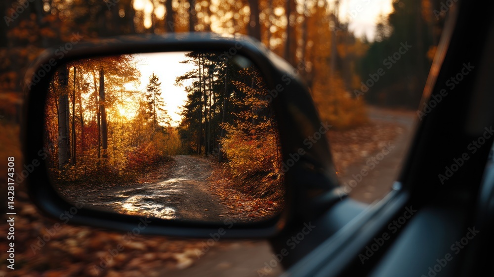 Autumnal forest vista reflected in a car's side mirror. Autumnal forest vista reflected in a car's side mirror.