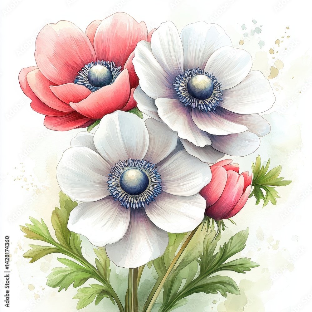 Fototapeta premium A beautiful illustration of colorful anemone flowers featuring red, white, and pink blooms with delicate green leaves.
