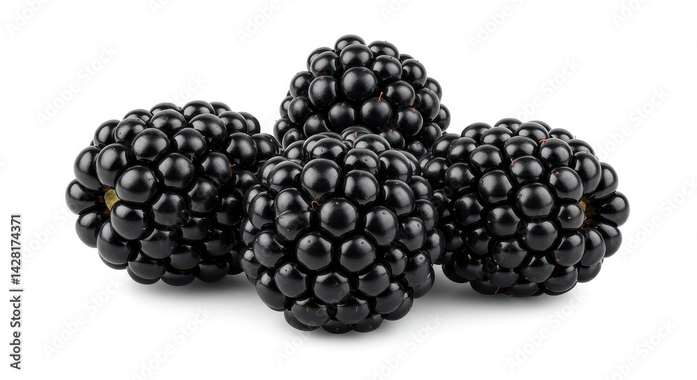 A close up of four blackberries clustered together isolated on a white background in sharp focus A close up of four blackberries clustered together isolated on a white background in sharp focus