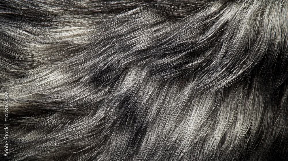 Naklejka premium A highly detailed macro close-up of a grey wolfs fur, revealing the intricate texture of its thick, multi-toned coat
