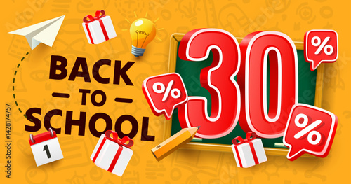 Back to School special offer, Sale 30 percent. Vector illustration 