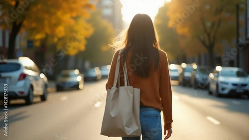 Close-Up of Young Woman Walking with Reusable Tote Bag on Tree-Lined Street photo