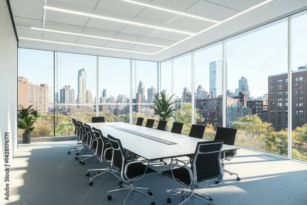 Modern conference room with panoramic city views. Spacious, bright, and contemporary meeting area Modern conference room with panoramic city views. Spacious, bright, and contemporary meeting area