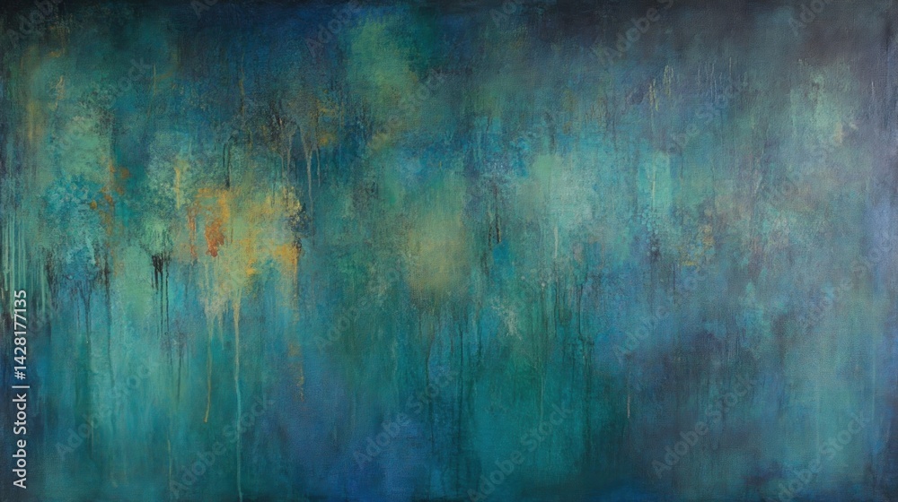 Naklejka premium Deep teal abstract painting with dripping and layered textures.