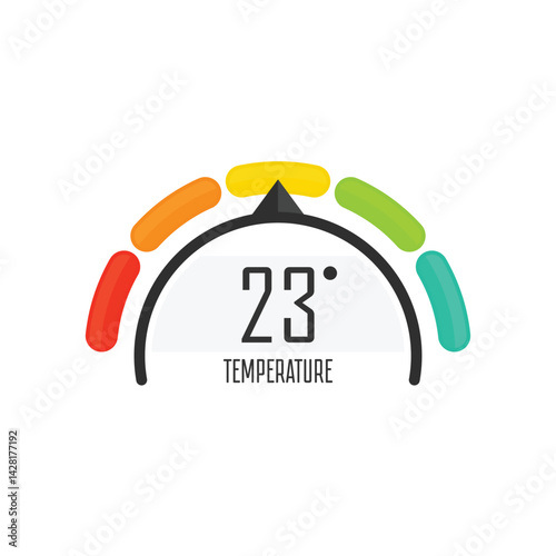 Round temperature gauge, isolated on white background. Colored measuring semicircle scale in flat style. Template of circle barometer or indicator. Vector illustration EPS 10.