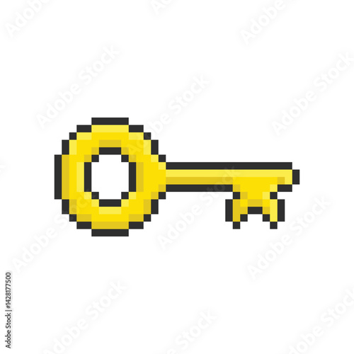 Pixel art of a yellow key icon in 8-bit style. Simple retro graphic representing access, unlocking, or digital security, perfect for games or vintage interfaces.