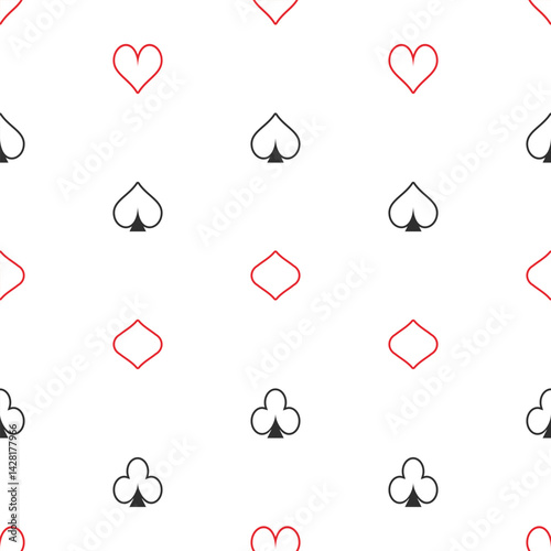 Seamless pattern of playing card suits spades, hearts, diamonds, and clubs. Red and black symbols on a white background. Ideal for casino, poker, and gambling themed designs.
