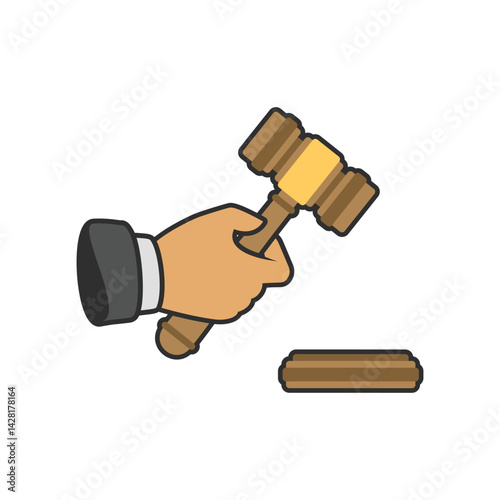 A judge or auctioneer gavel held by a hand, striking a sound block. A colorful icon symbolizing law, justice, court decisions, or auctions.