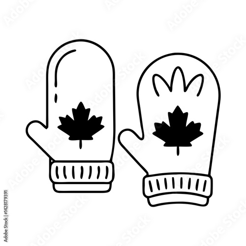 red mittens with maple leaf icon, red mittens with maple leaf line art - simple line art of red mittens with maple leaf, perfect for red mittens with maple leaf logos and icons