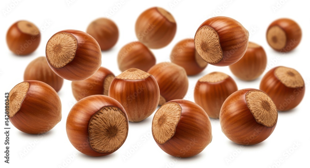 A collection of hazelnuts scattered on a white surface with varying degrees of focus and clarity A collection of hazelnuts scattered on a white surface with varying degrees of focus and clarity