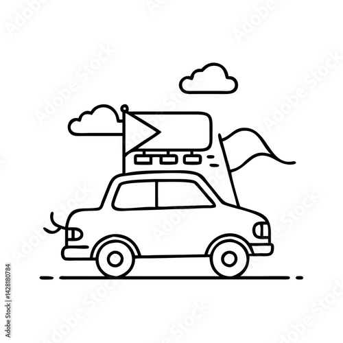 road trip with flag on car icon, road trip with flag on car line art - simple line art of road trip with flag on car, perfect for road trip with flag on car logos and icons