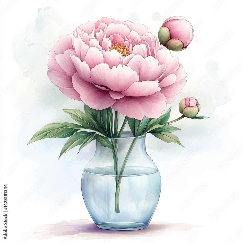 Obraz premium A stunning pink peony flower in a clear vase, accompanied by budding flowers, displayed against a soft watercolor background.