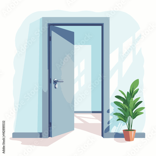 Modern office door ajar revealing bright hallway, professionalism concept