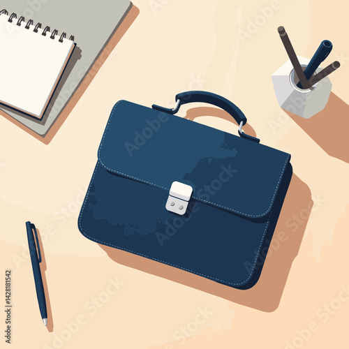 Sleek navy blue briefcase on minimalist desk, professional workspace