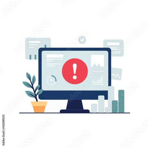 Digital dashboard displaying finance error alert icon, data visualization