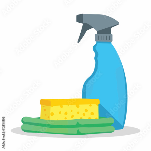 Colorful cleaning supplies arranged on white background, minimalist design