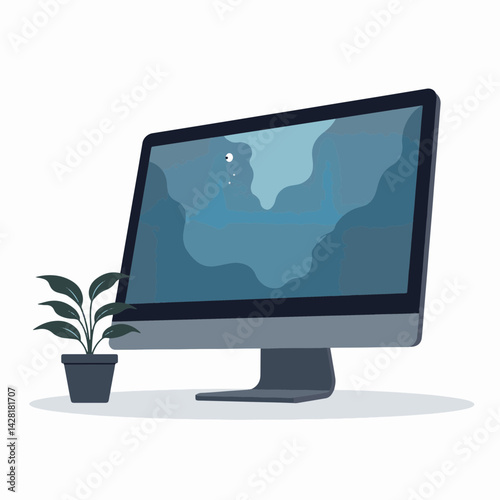 Sleek computer monitor displaying abstract pattern on simple desk, workspace comfort