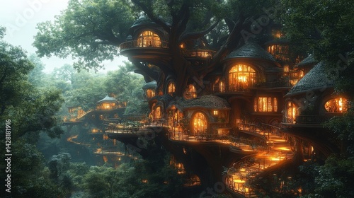 Enchanting Tree Village Illuminated With Warm Golden Lights Nestled Amidst Lush Green Forest