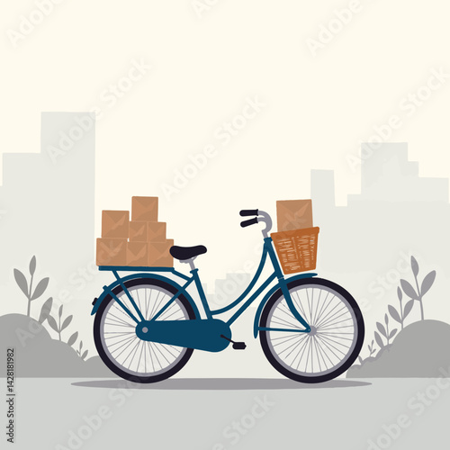Elderly delivery bicycle carrying packages in calm urban morning, nostalgia