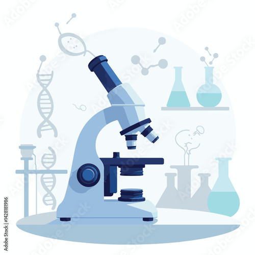 Modern microscope exploring scientific discovery in a bright lab, precision
