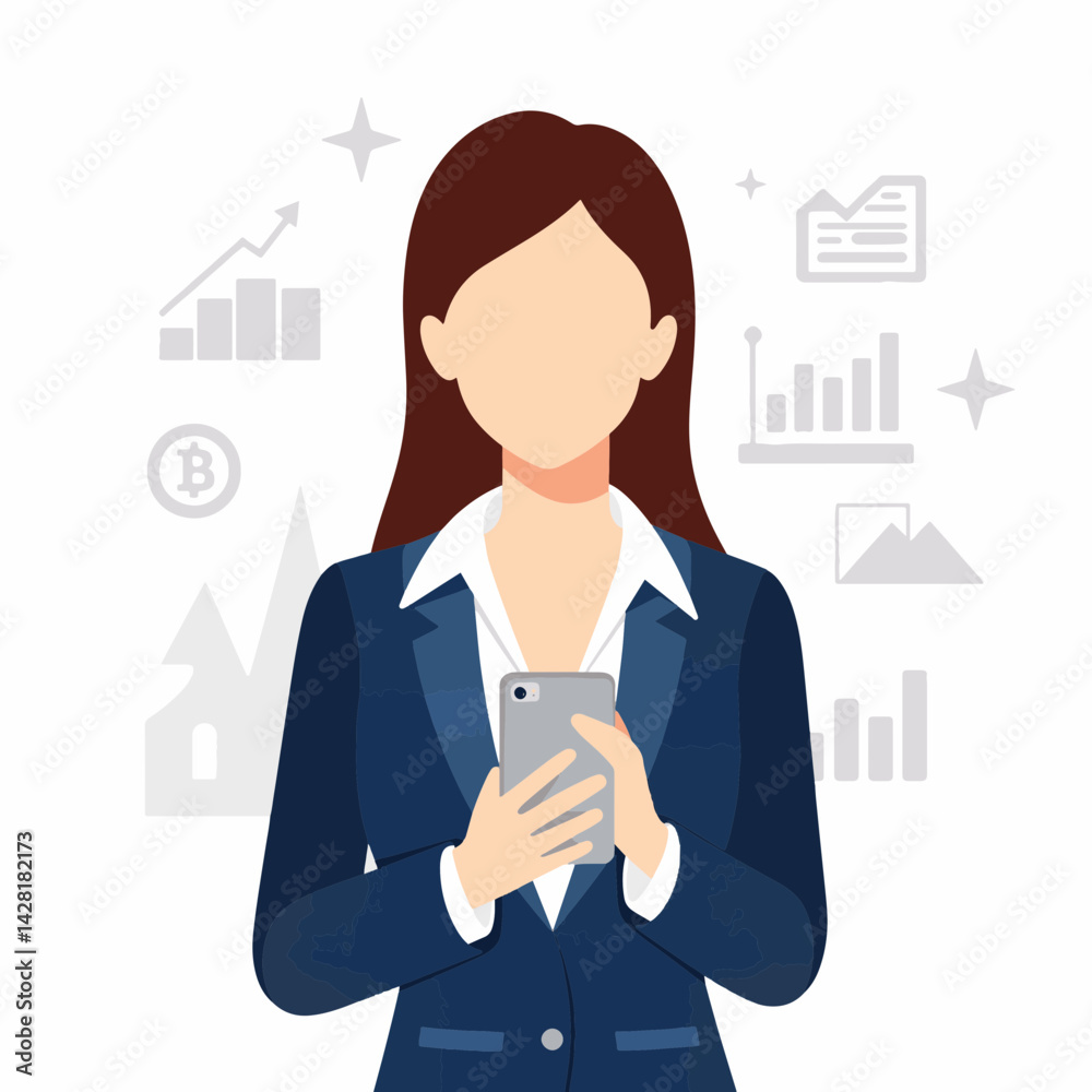 Businesswoman using smartphone amidst business icons, professional growth Businesswoman using smartphone amidst business icons, professional growth