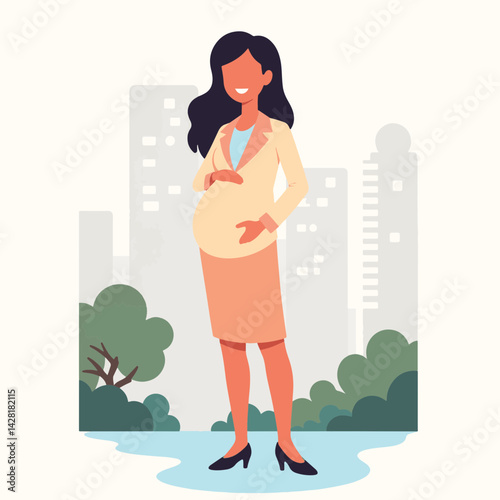 Pregnant businesswoman smiling in city skyline, positivity and success