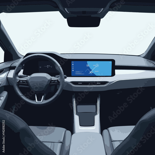 Futuristic mobile banking interface inside sleek car dashboard, innovation