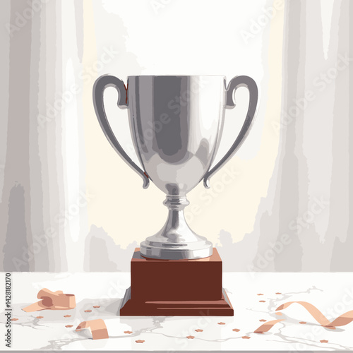 Modern silver trophy cup on marble table, symbol of achievement