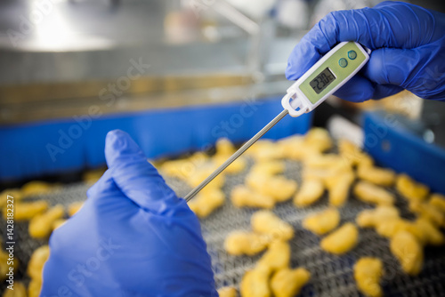 Breaded chicken production line in food factory  automated conveyor belt system in industrial food processing plant
