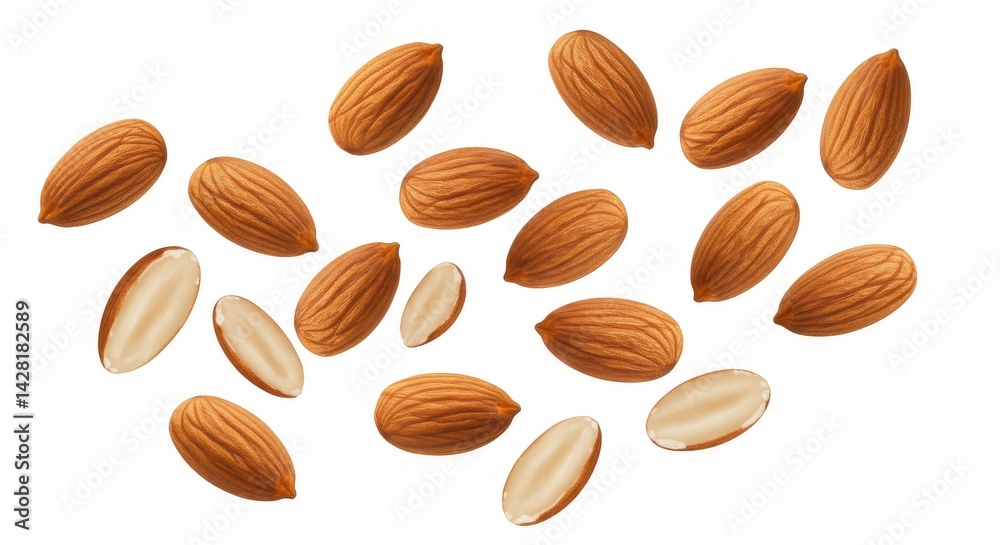 Scattered almonds with some halved on a white background showing the texture and the light brown color Scattered almonds with some halved on a white background showing the texture and the light brown color