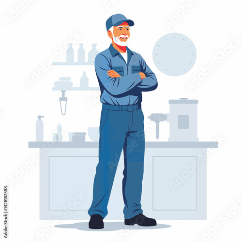 Confident elderly worker standing proudly in workshop, dedication