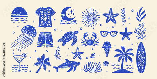 Beach boho vintage icon set. Hand drawn palm tree, sun and sea, seashells, coral, crab, turtle, cocktail, ice cream, whale in naive groovy style. Tropical surf club concept, vacation and travel