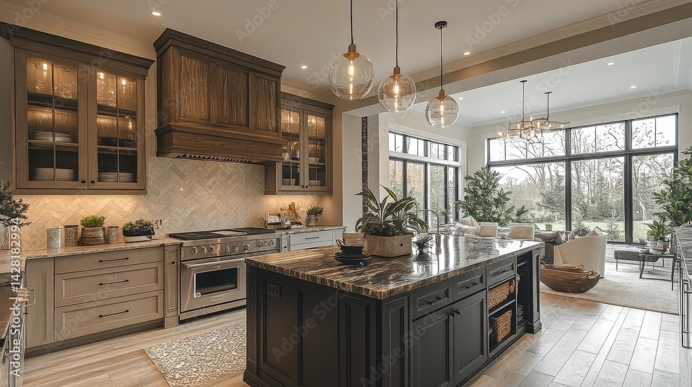 Fototapeta premium Luxurious Modern Kitchen Interior With Island Countertop and Stylish Lighting