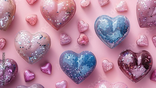 Colorful glittery hearts arranged on a pink background.