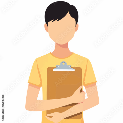 Young adult holding clipboard, engaged in minimalistic illustration, creativity