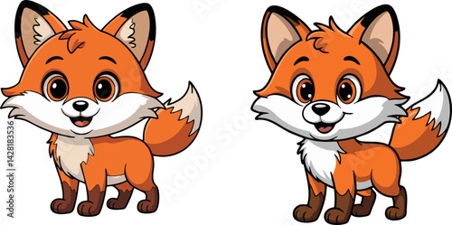 Two adorable cartoon foxes, one sitting and facing forward with a bushy tail curled behind