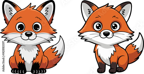 Two adorable cartoon foxes, one sitting and facing forward with a bushy tail curled behind