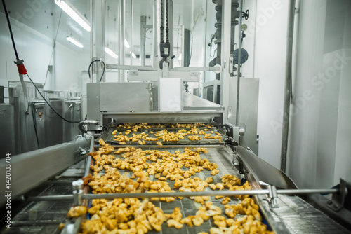 Breaded chicken production line in food factory  automated conveyor belt system in industrial food processing plant