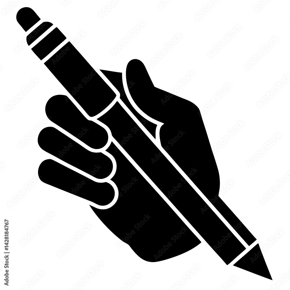 hand holding a penA minimalistic black and white icon of a hand holding a pen in a writing position.